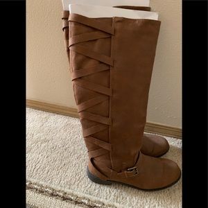 Brown cross back knee high boots